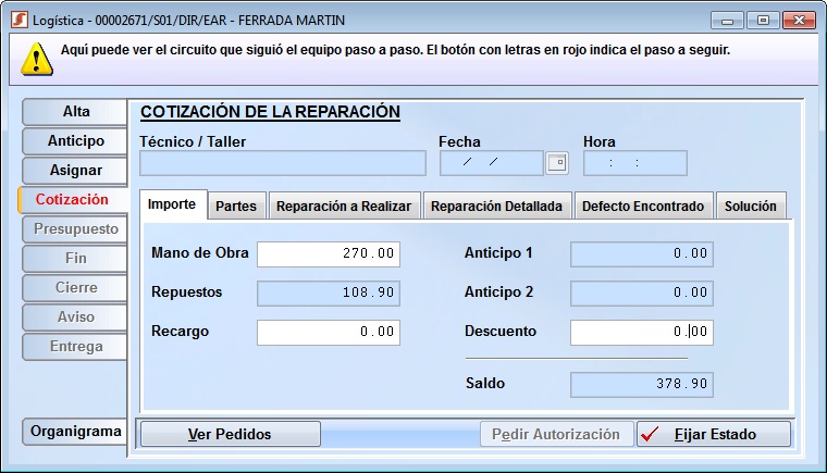 Cotización de la reparación